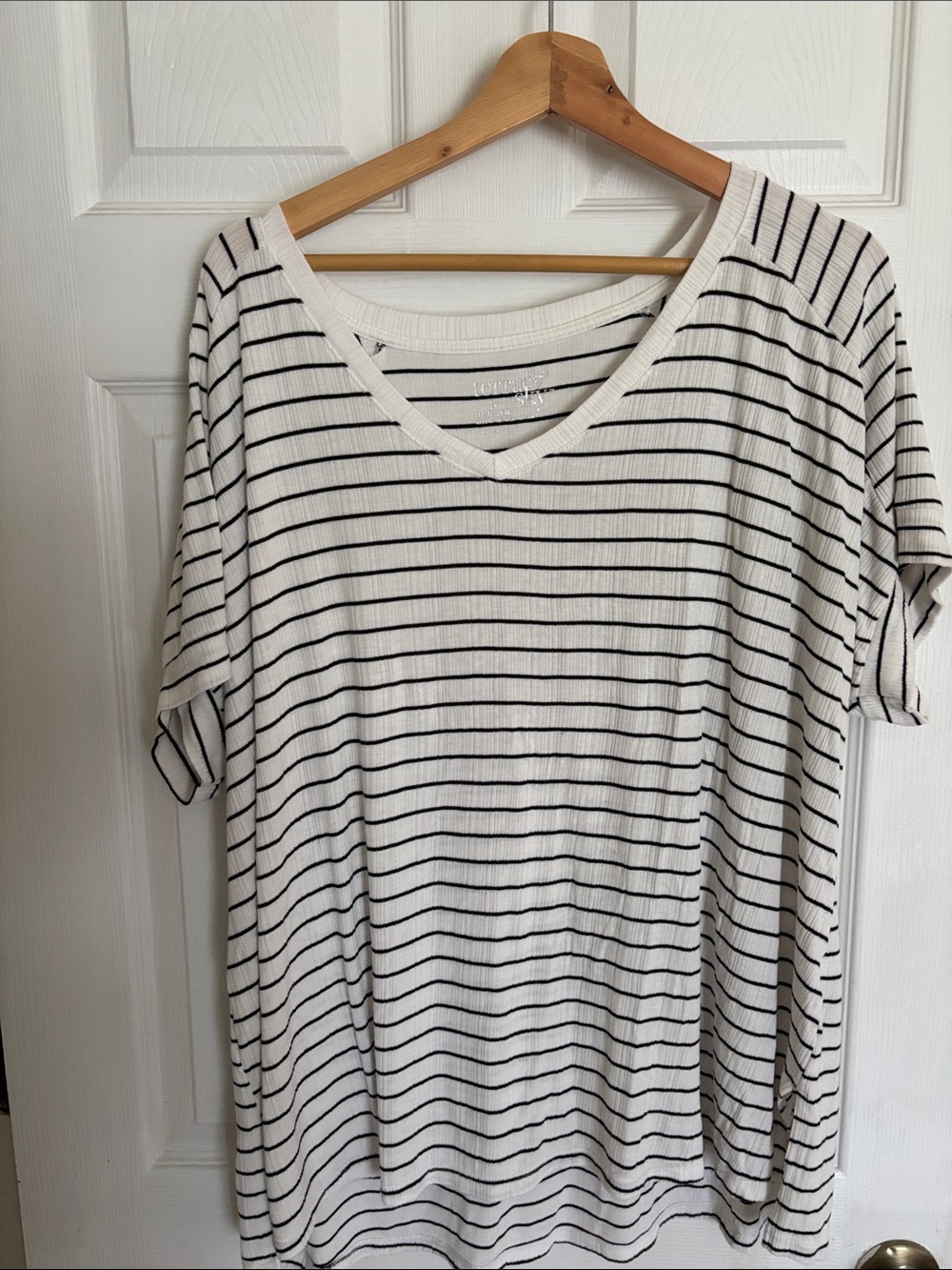 Terra & Sky White V-Neck Tee with Black Stripes